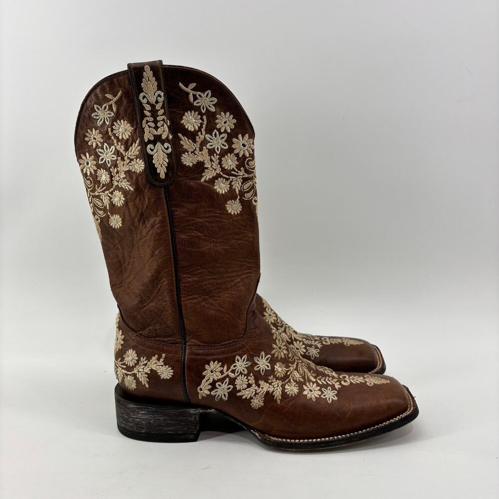 Cavender's Woman Size 10 Western Boots Chestnut Brown Floral Embroidery Leather - Picture 4 of 14